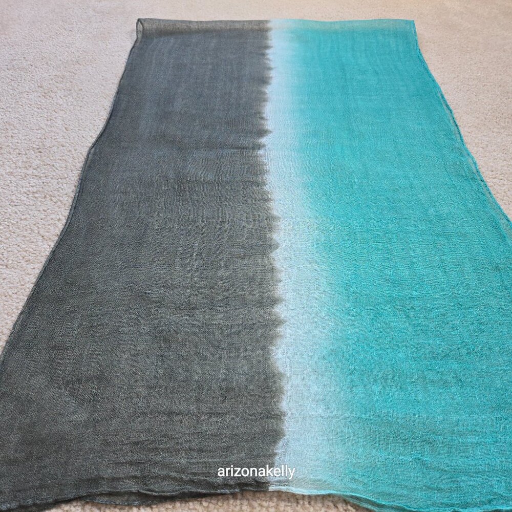 Eileen Fisher Linen Scarf Gradient Ombre Bluish Green to Brownish Green - Picture 6 of 9